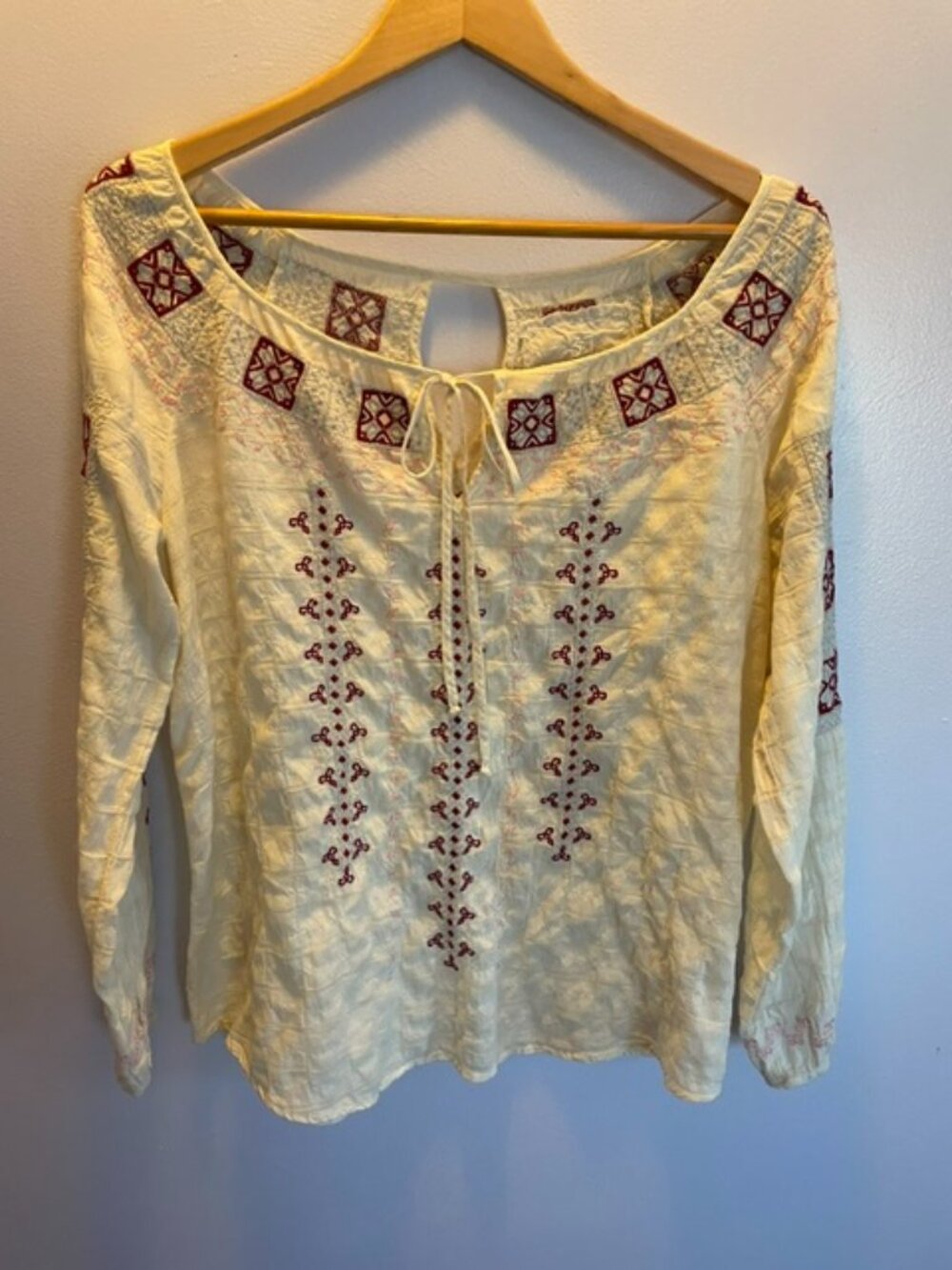 Johny Was, long sleeve, crinkle-embroderied blouse, size small